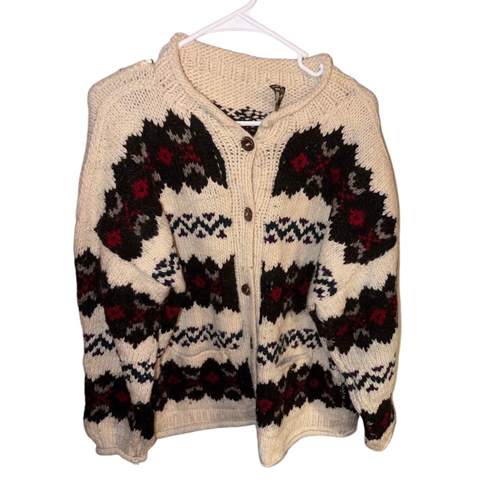 Rey Wear Vintage 100% Wool Hand Made Ecuador Chunky Knit Cardigan Sweater Mens